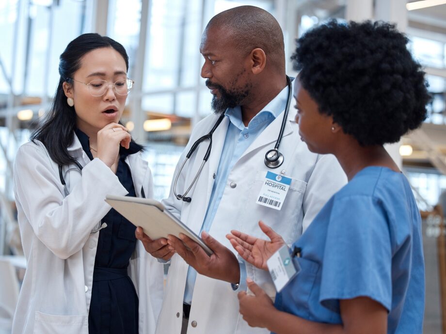 Doctors, mistake and healthcare team fail and scared with paperwork or planning in a hospital. {{brizy_dc_image_alt imageSrc=